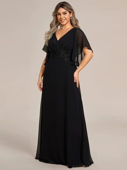 Wholesa Graceful Plus Size A-line Ruffles Sleeve Chiffon Mother of the Bride Dress with Applique