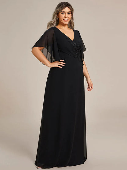 Wholesa Graceful Plus Size A-line Ruffles Sleeve Chiffon Mother of the Bride Dress with Applique