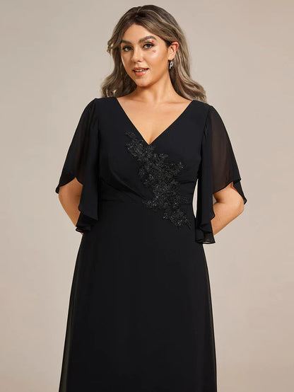 Wholesa Graceful Plus Size A-line Ruffles Sleeve Chiffon Mother of the Bride Dress with Applique