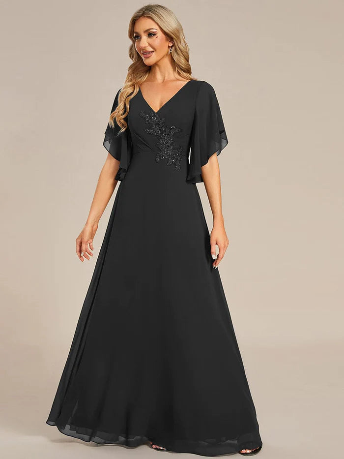 Wholesa Half Sleeves Top Applique Decoration Chiffon Mother of the Bride Dress