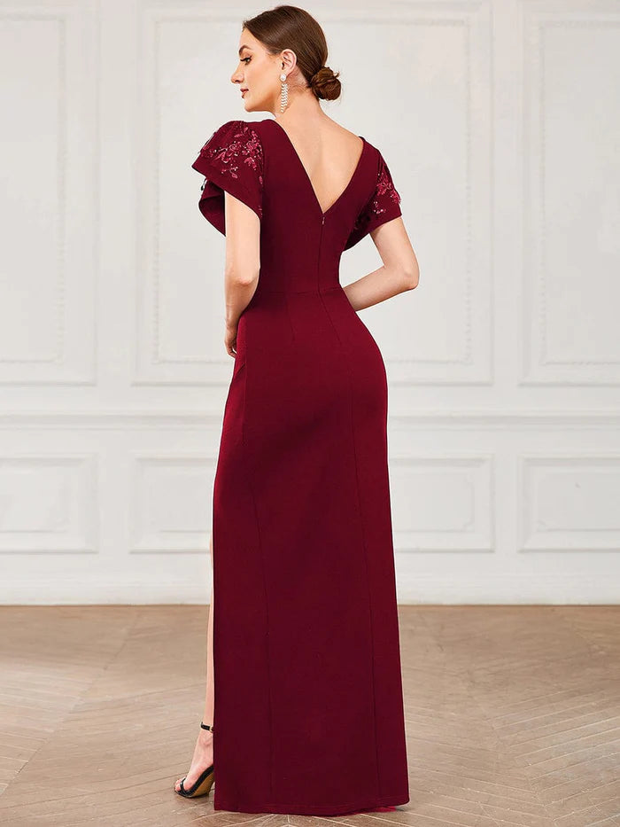 Wholesa V-Neck Ruched Bodycon Side Slit Mother of the Bride Dress