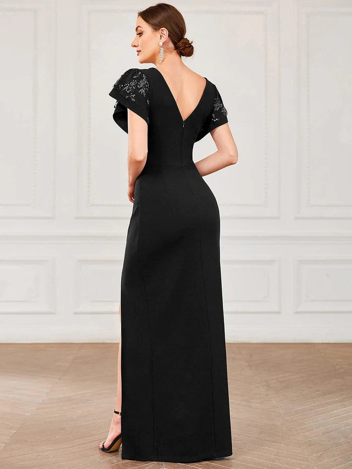 Wholesa V-Neck Ruched Bodycon Side Slit Mother of the Bride Dress