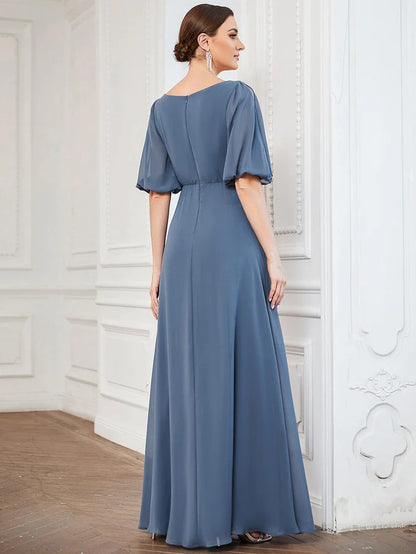 Wholesa Chiffon Split Sleeve V-Neck Pleated Mother of the Bride Dress