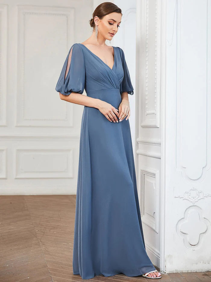 Wholesa Chiffon Split Sleeve V-Neck Pleated Mother of the Bride Dress