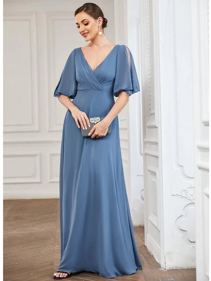 Wholesa Chiffon Split Sleeve V-Neck Pleated Mother of the Bride Dress