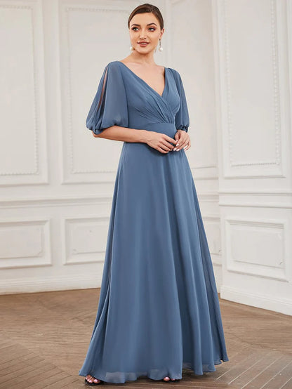 Wholesa Chiffon Split Sleeve V-Neck Pleated Mother of the Bride Dress