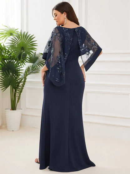 Wholesa Plus Size Asymmetrical Cape Sequin Mother of the Bride Dress