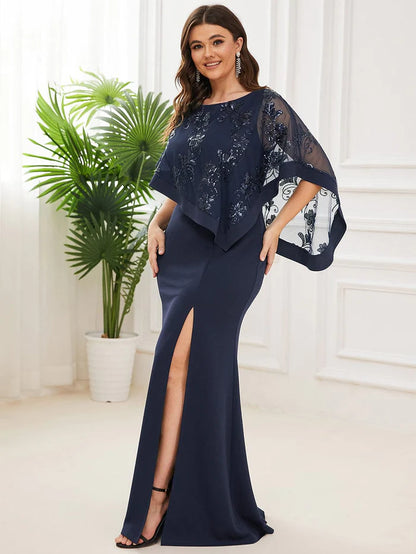 Wholesa Plus Size Asymmetrical Cape Sequin Mother of the Bride Dress