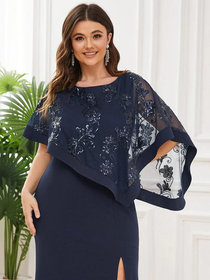 Wholesa Plus Size Asymmetrical Cape Sequin Mother of the Bride Dress