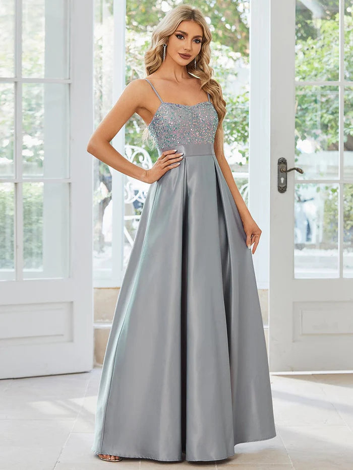 Wholesa Sparkling A-Line Prom Dress with Spaghetti Straps