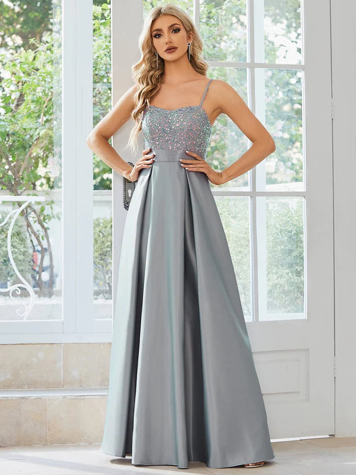 Wholesa Sparkling A-Line Prom Dress with Spaghetti Straps