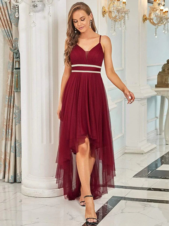 Wholesa Stylish High-Low Tulle Prom Dress with Beaded Belt