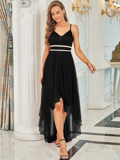 Wholesa Stylish High-Low Tulle Prom Dress with Beaded Belt