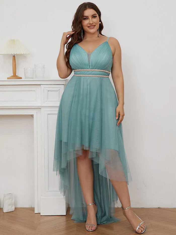 Wholesa Stylish High-Low Tulle Prom Dress with Beaded Belt