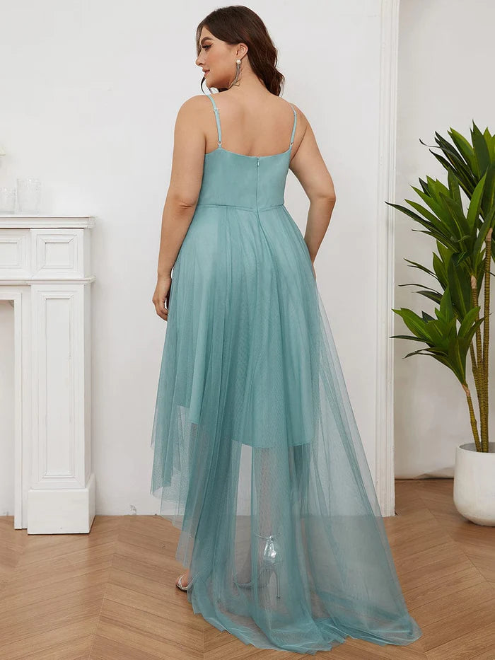 Wholesa Stylish High-Low Tulle Prom Dress with Beaded Belt