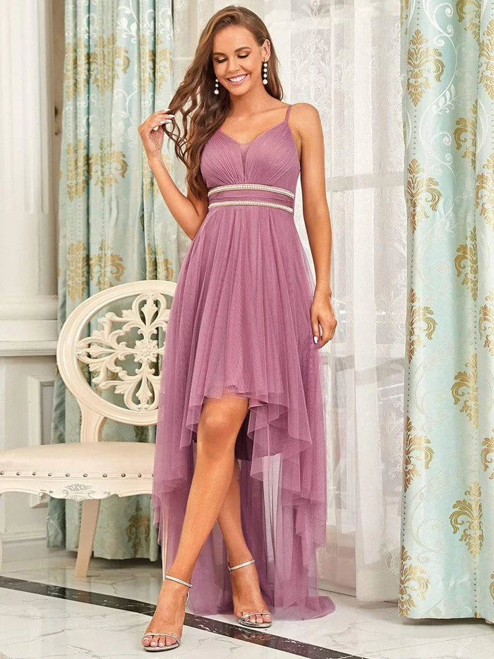 Wholesa Stylish High-Low Tulle Prom Dress with Beaded Belt