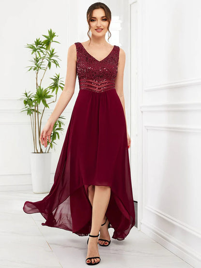 Wholesa Sexy High-Low Maxi Chiffon Evening Dresses with Sequin