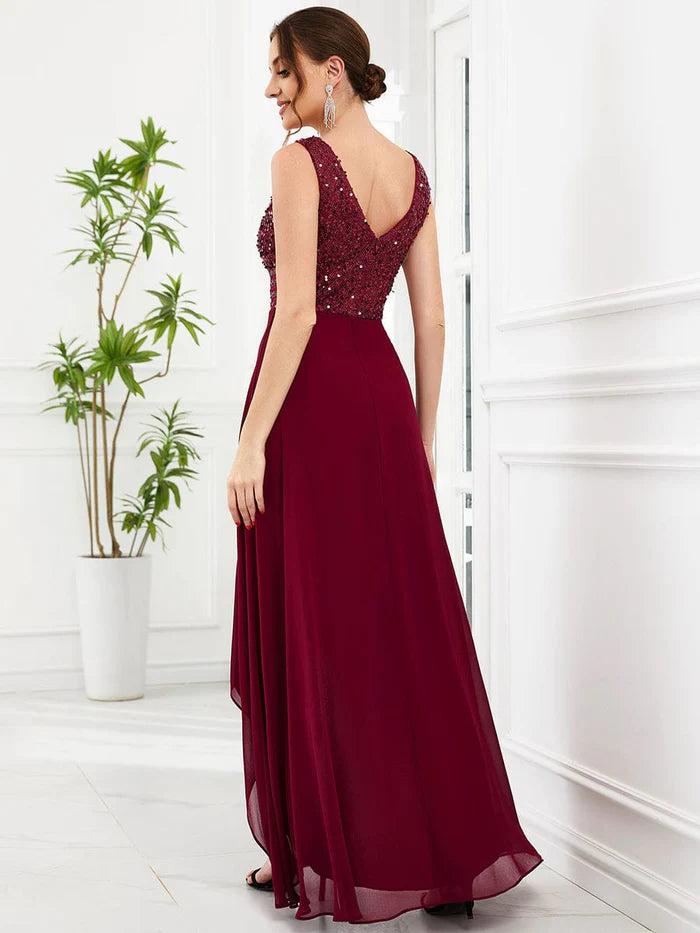 Wholesa Sexy High-Low Maxi Chiffon Evening Dresses with Sequin