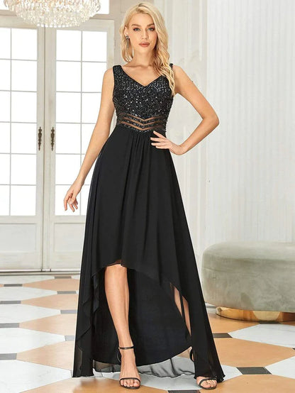 Wholesa Sexy High-Low Maxi Chiffon Evening Dresses with Sequin