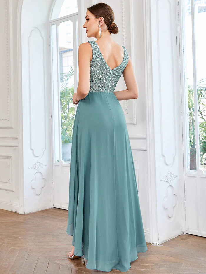 Wholesa Sexy High-Low Maxi Chiffon Evening Dresses with Sequin