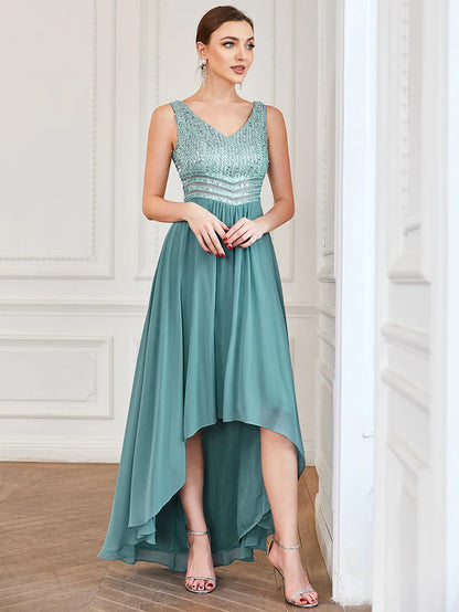 Wholesa Sexy High-Low Maxi Chiffon Evening Dresses with Sequin