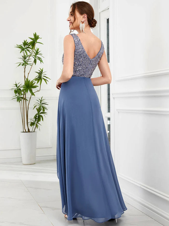 Wholesa Sexy High-Low Maxi Chiffon Evening Dresses with Sequin