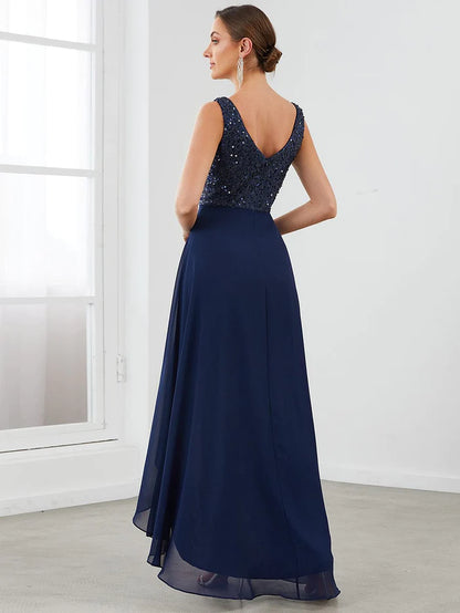 Wholesa Sexy High-Low Maxi Chiffon Evening Dresses with Sequin