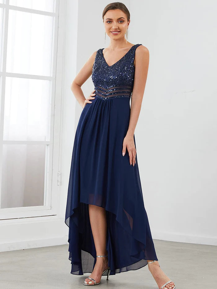 Wholesa Sexy High-Low Maxi Chiffon Evening Dresses with Sequin