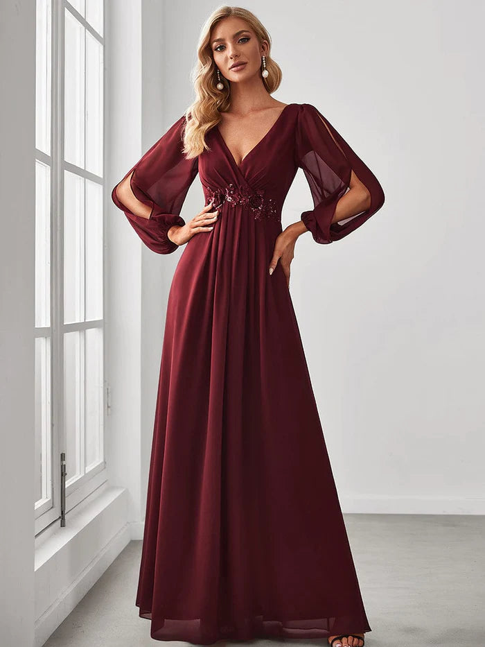 Wholesa Lantern Long Slit Sleeve Deep V Applique Maxi Evening Dress