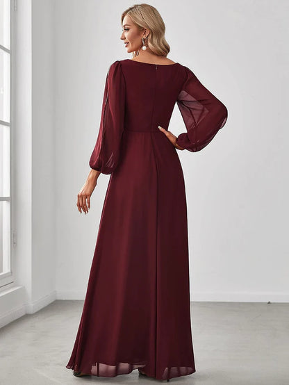 Wholesa Deep V Neck Long Wedding Guest Dress with Long Sleeves