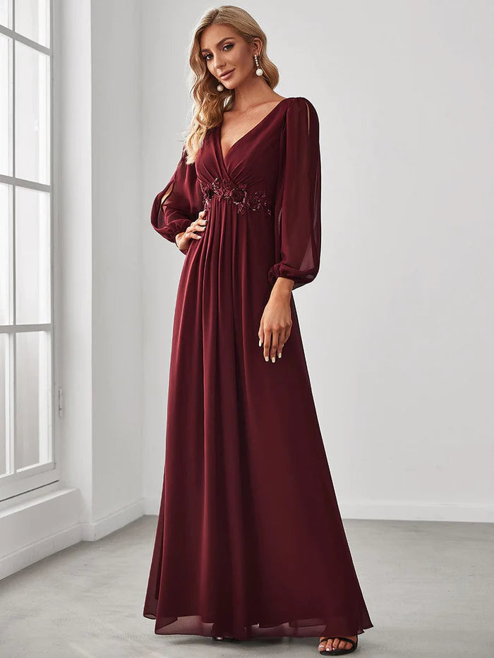 Wholesa Deep V Neck Long Wedding Guest Dress with Long Sleeves