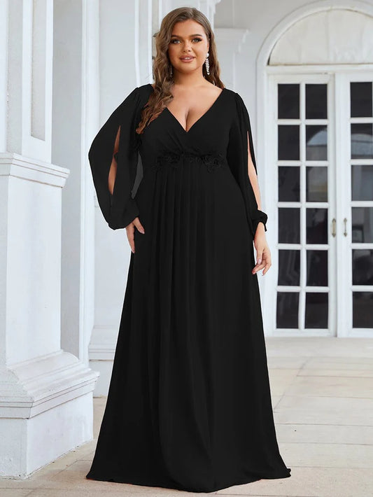 Wholesa Stylish Chiffon Plus Size Evening Dresses with Long Lantern Sleeves