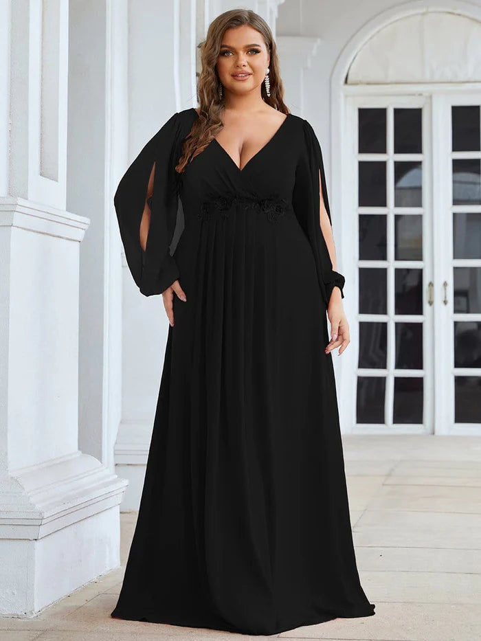 Wholesa Elegant Chiffon V-Neckline Long Sleeve Formal Evening Dress