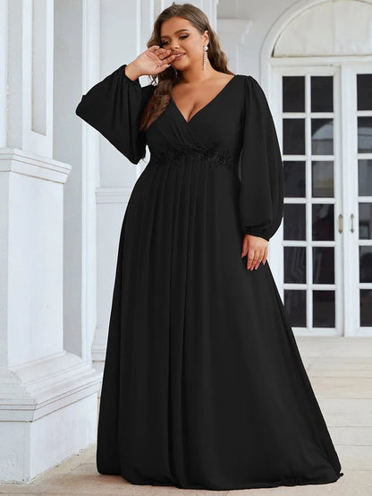 Wholesa Stylish Chiffon Plus Size Evening Dresses with Long Lantern Sleeves