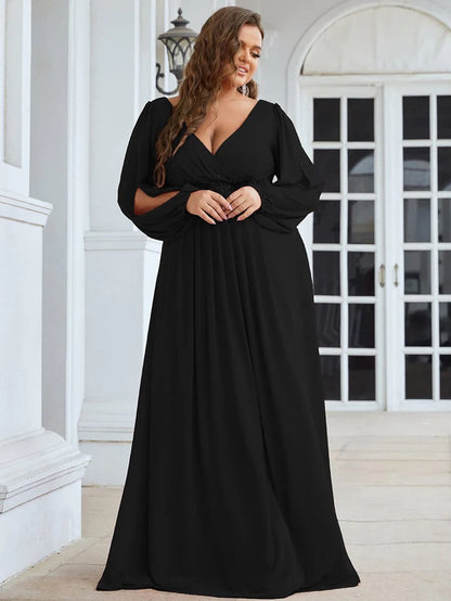 Wholesa Stylish Chiffon Plus Size Evening Dresses with Long Lantern Sleeves