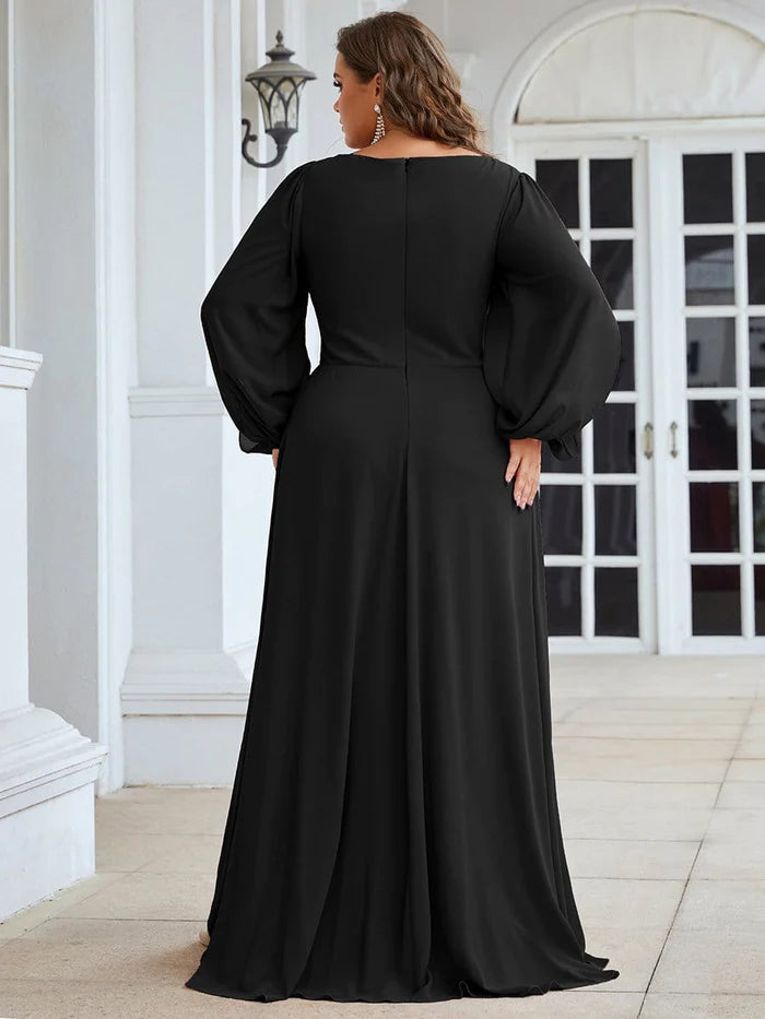 Wholesa Stylish Chiffon Plus Size Evening Dresses with Long Lantern Sleeves