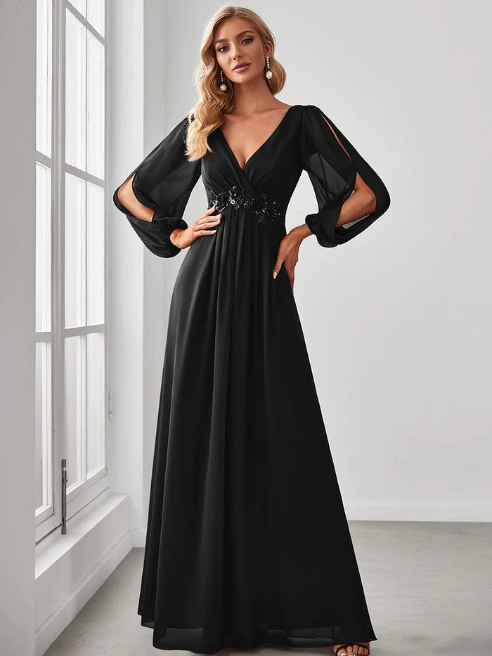 Wholesa Deep V Neck Long Wedding Guest Dress with Long Sleeves