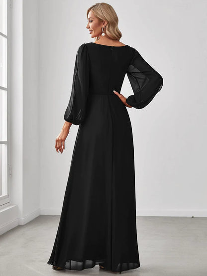 Wholesa Elegant Chiffon V-Neckline Long Sleeve Formal Evening Dress