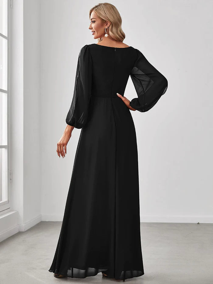 Wholesa Lantern Long Slit Sleeve Deep V Applique Maxi Evening Dress