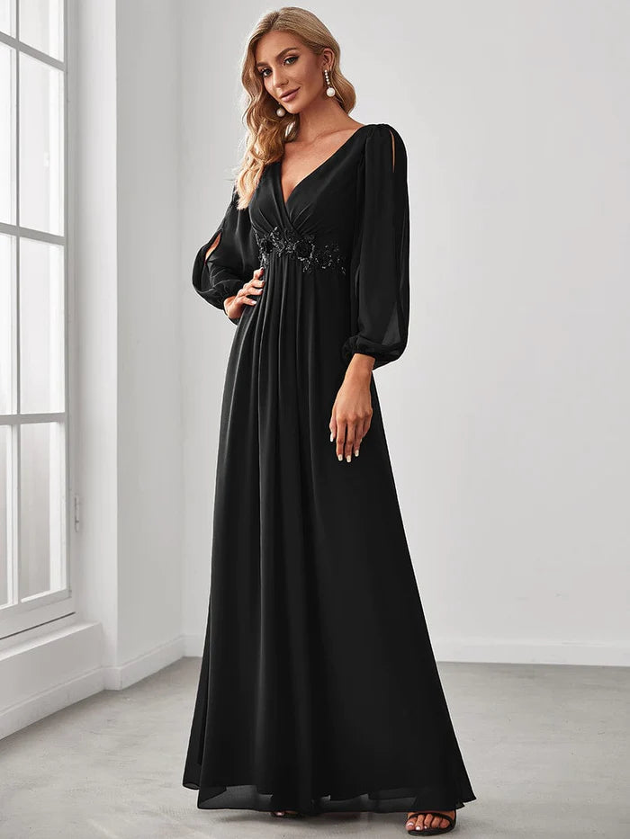 Wholesa Elegant Chiffon V-Neckline Long Sleeve Formal Evening Dress