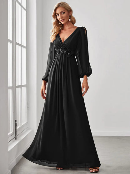 Wholesa Elegant Chiffon V-Neckline Long Sleeve Formal Evening Dress