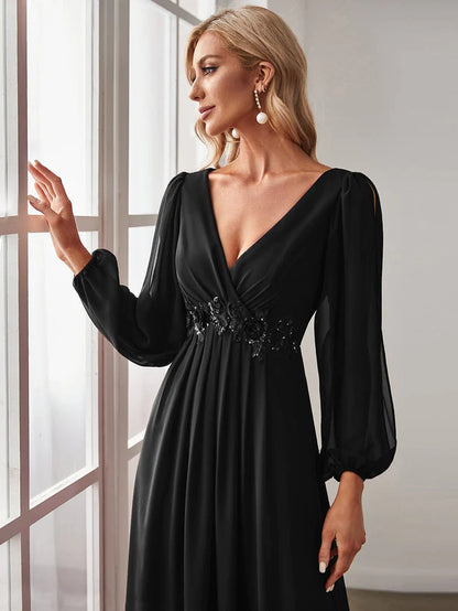 Wholesa Elegant Chiffon V-Neckline Long Sleeve Formal Evening Dress