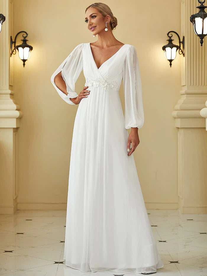 Wholesa Lantern Long Slit Sleeve Deep V Applique Maxi Evening Dress