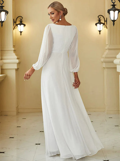 Wholesa Deep V Neck Long Wedding Guest Dress with Long Sleeves