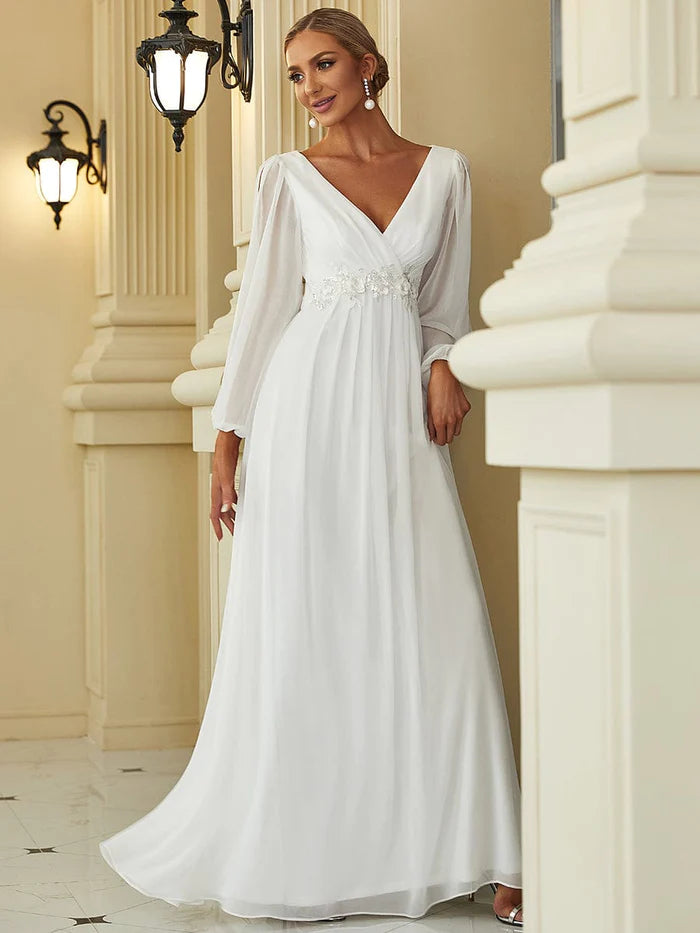 Wholesa Deep V Neck Long Wedding Guest Dress with Long Sleeves