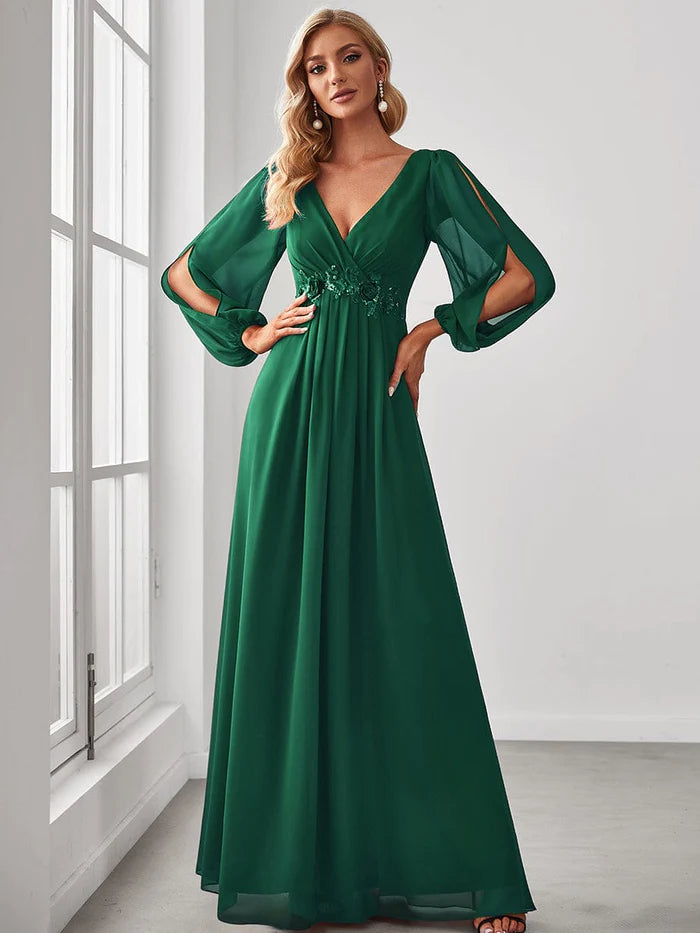 Wholesa Lantern Long Slit Sleeve Deep V Applique Maxi Evening Dress