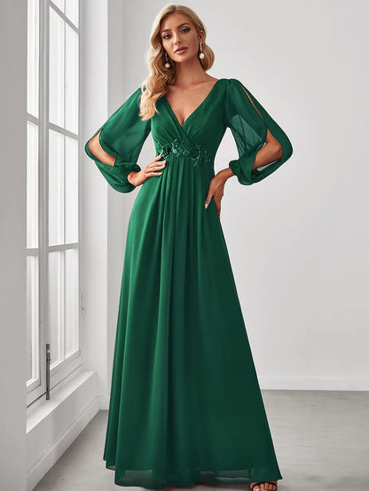 Wholesa Lantern Long Slit Sleeve Deep V Applique Maxi Evening Dress