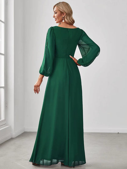 Wholesa Lantern Long Slit Sleeve Deep V Applique Maxi Evening Dress