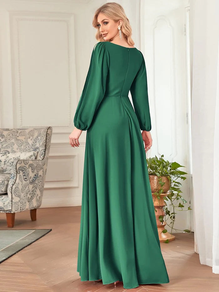 Wholesa Elegant Chiffon V-Neckline Long Sleeve Formal Evening Dress