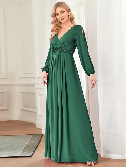 Wholesa Elegant Chiffon V-Neckline Long Sleeve Formal Evening Dress